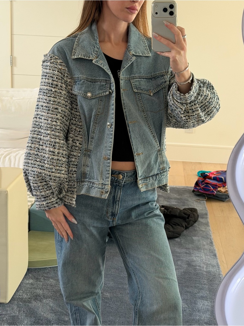 Topshop Denim Jacket with Tweed Balloon Sleeves